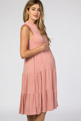 Pink Split Neck Tiered Maternity Midi Dress