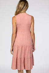 Pink Split Neck Tiered Maternity Midi Dress