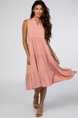 Pink Split Neck Tiered Maternity Midi Dress