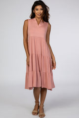 Pink Split Neck Tiered Midi Dress