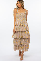 Beige Floral Smocked Ruffle Layered Shoulder Tie Midi Dress