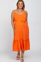 Orange Front Button Ruffle Tiered Hem Maternity Plus Midi Dress