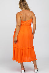 Orange Front Button Ruffle Tiered Hem Maternity Plus Midi Dress