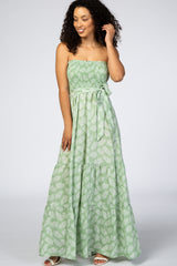 Light Green Palm Print Tiered Maternity Maxi Dress