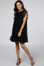 Black Textured Polka Dot Ruffle Dress