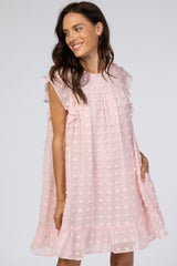 Light Pink Textured Polka Dot Ruffle Dress