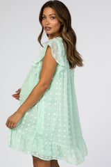 Mint Green Textured Polka Dot Ruffle Maternity Dress