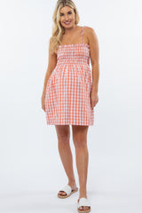 Peach Gingham Smocked Maternity Dress