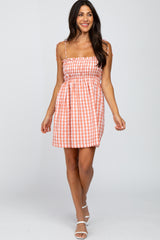 Peach Gingham Smocked Maternity Dress