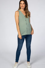 Light Olive Ribbed Button Front Sleeveless Maternity Top