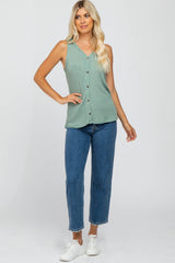 Light Olive Ribbed Button Front Sleeveless Top