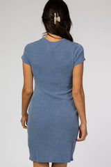 Blue Ribbed Cutout Fitted Dress