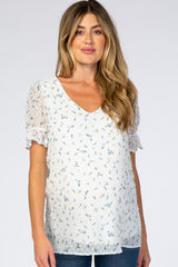 Ivory Floral Chiffon Swiss Dot Maternity Top