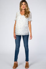 Ivory Floral Chiffon Swiss Dot Maternity Top