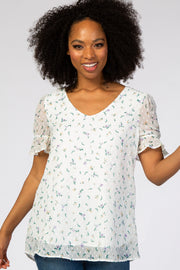 Ivory Floral Chiffon Swiss Dot Top