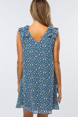 Blue Spotted Ruffle Shoulder Dress