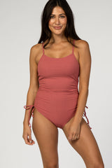 Mauve Ribbed Side Tie One-Piece Swimsuit