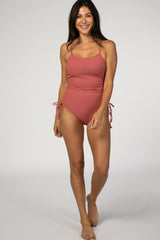 Mauve Ribbed Side Tie One-Piece Maternity Swimsuit