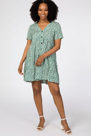 Green Floral Button Front Print Dress