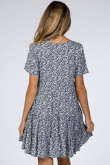 Blue Floral Button Front Print Maternity Dress