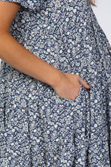 Blue Floral Button Front Print Maternity Dress