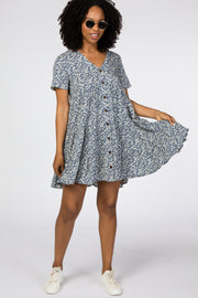 Blue Floral Button Front Print Dress