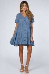 Blue Printed Button Front Maternity Dress