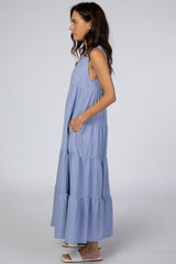 Light Blue Striped Tiered Maxi Dress