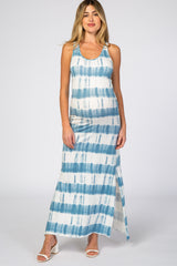 Blue Tie Dye Side Slit Maternity Maxi Dress