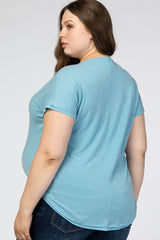 Blue V-Neck Raw Hem Maternity Plus Short Sleeve Top