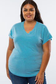 Blue V-Neck Raw Hem Plus Short Sleeve Top