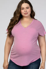 Mauve V-Neck Raw Hem Maternity Plus Short Sleeve Top