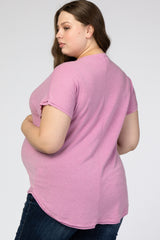 Mauve V-Neck Raw Hem Maternity Plus Short Sleeve Top