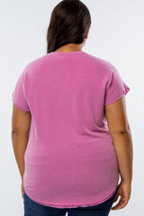 Mauve V-Neck Raw Hem Plus Short Sleeve Top