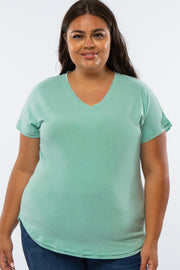 Mint Green V-Neck Raw Hem Plus Short Sleeve Top