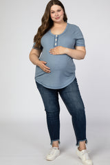 Blue Button Front Maternity Plus T Shirt