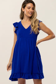 Royal Blue Ruffle Hem V-Neck Maternity Dress