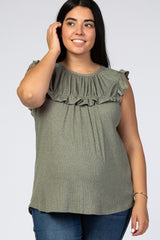 Light Olive Waffle Knit Ruffle Plus Maternity Top