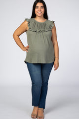 Light Olive Waffle Knit Ruffle Plus Maternity Top