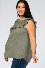 Light Olive Waffle Knit Ruffle Plus Maternity Top