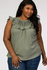 Light Olive Waffle Knit Ruffle Plus Maternity Top