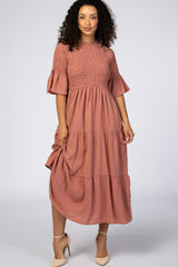 Salmon Smocked Pleated Tier Midi Dress