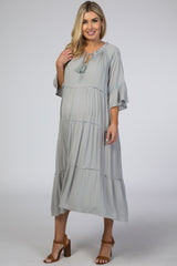 Grey Tiered Crochet Accent Ruffle Maternity Midi Dress