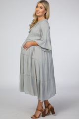 Grey Tiered Crochet Accent Ruffle Maternity Midi Dress