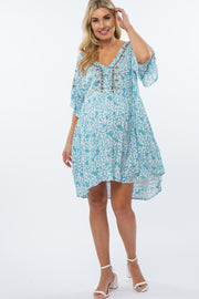 Blue Floral Embroidered Puff Sleeve Maternity Dress