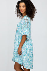 Blue Floral Embroidered Ruffle Sleeve Dress