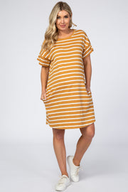 Yellow Striped Short Sleeve Maternity Dress