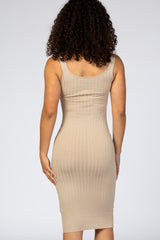 Beige Sleeveless Fitted Ribbed Dress