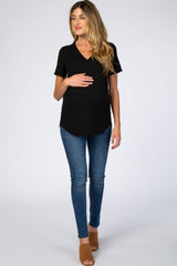 Black Ribbed V-Neck Maternity Top