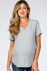 Heather Grey Ribbed V-Neck Maternity Top